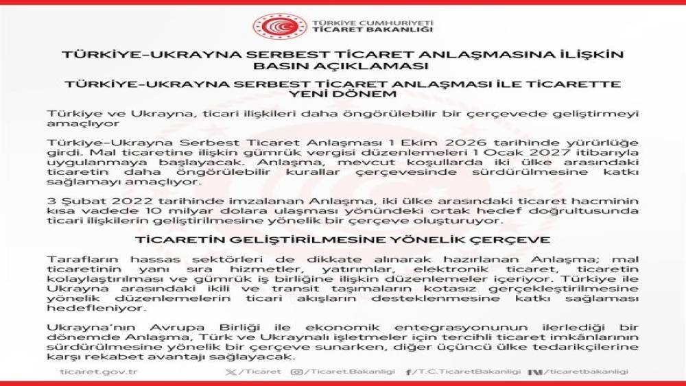 T&uuml;rkiye-Ukrayna Serbest Ticaret Anlaşması y&uuml;r&uuml;rl&uuml;ğe girdi
