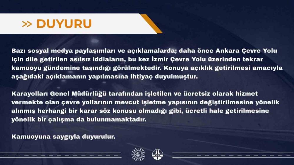 İzmir &Ccedil;evre Yolu&rsquo;nun &uuml;cretli hale getirileceği iddialarına yalanlama
