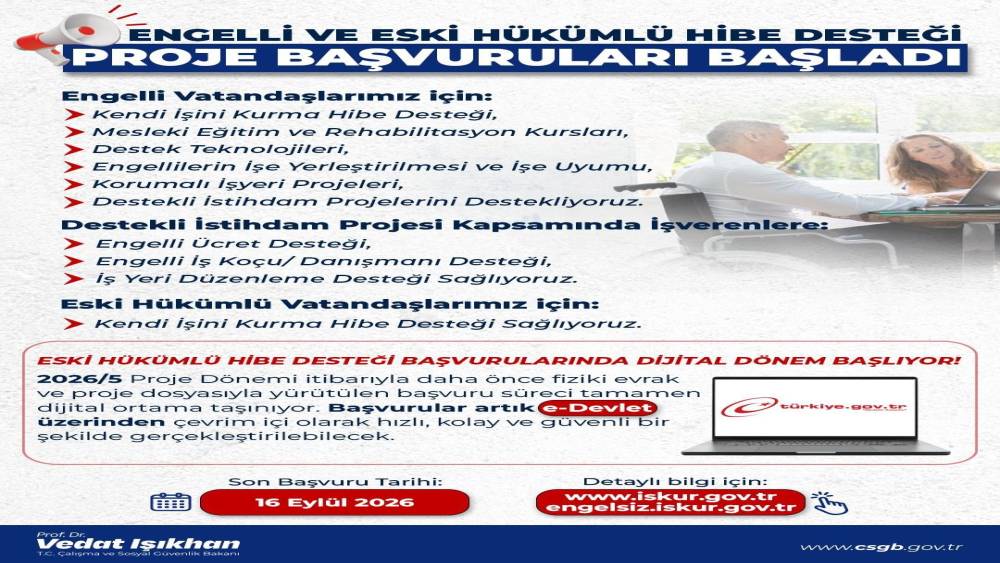 Engelli ve eski h&uuml;k&uuml;ml&uuml; vatandaşlar i&ccedil;in hibe desteği 2026 yılı 5. d&ouml;nem başvuruları başladı
