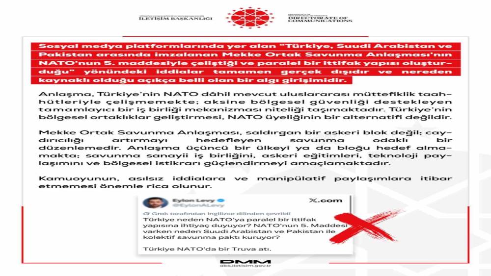 DMM: "Mekke Ortak Savunma Anlaşması&rsquo;nın NATO&rsquo;nun 5. maddesiyle &ccedil;eliştiği iddiaları tamamen ger&ccedil;ek dışı"

