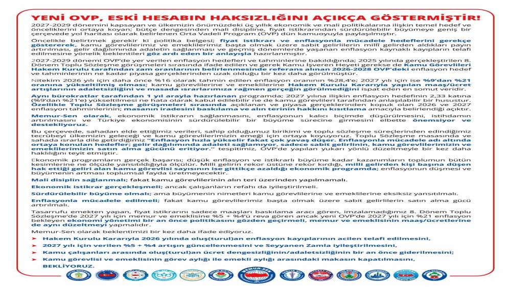 Memur-Sen&rsquo;den OVP a&ccedil;ıklaması: "Kamu g&ouml;revlisi ve emeklisinin g&ouml;rev aylığı ile emekli aylığı arasındaki makasın kapatılmasını bekliyoruz"
