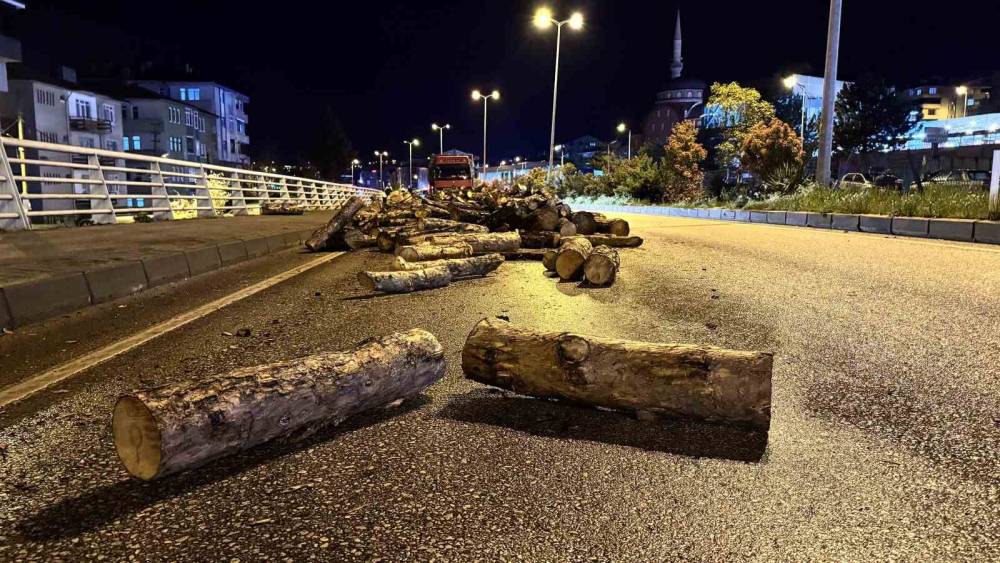 Seyir halindeki kamyonun damperi aniden kalktı, odunlar yola d&ouml;k&uuml;ld&uuml;
