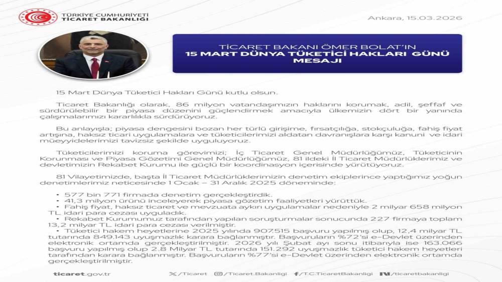 Bakan Bolat&rsquo;tan D&uuml;nya T&uuml;ketici Hakları G&uuml;n&uuml; mesajı
