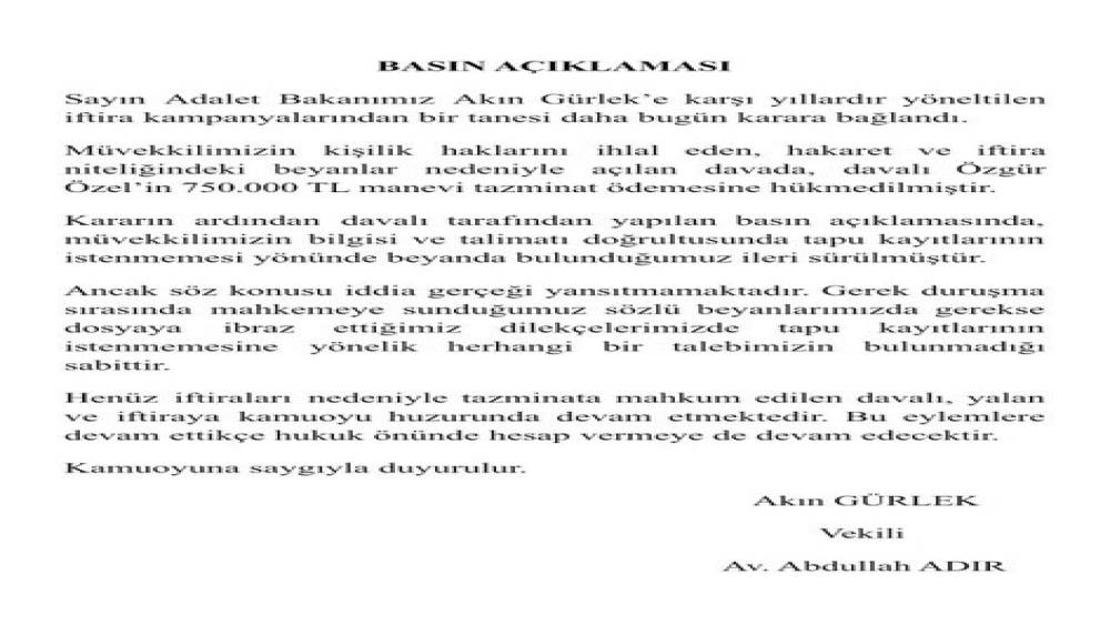 &Ouml;zg&uuml;r &Ouml;zel, Adalet Bakanı G&uuml;rlek&rsquo;e 750 bin lira manevi tazminat &ouml;deyecek
