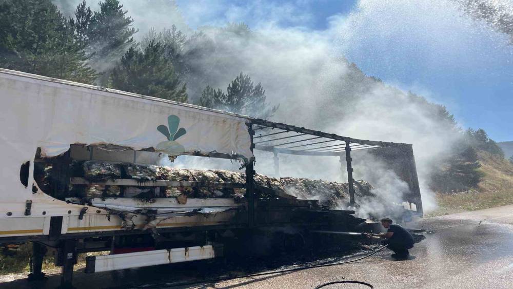 Bolu&rsquo;da şeker y&uuml;kl&uuml; tır alev aldı, yangın ormana sı&ccedil;radı
