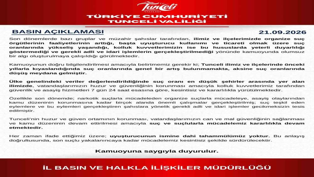 Tunceli Valiliği: "Su&ccedil; oranlarında genel bir artış yok, aksine d&uuml;ş&uuml;ş var"
