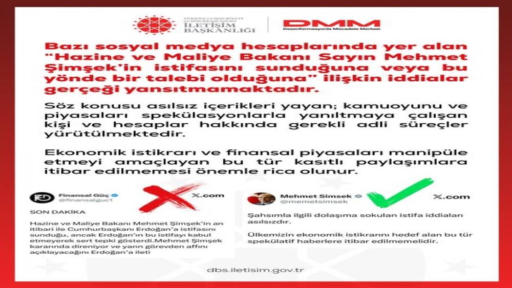 DMM&rsquo;den Bakan Şimşek&rsquo;in istifasını sunduğu y&ouml;n&uuml;ndeki iddialara yalanlama

