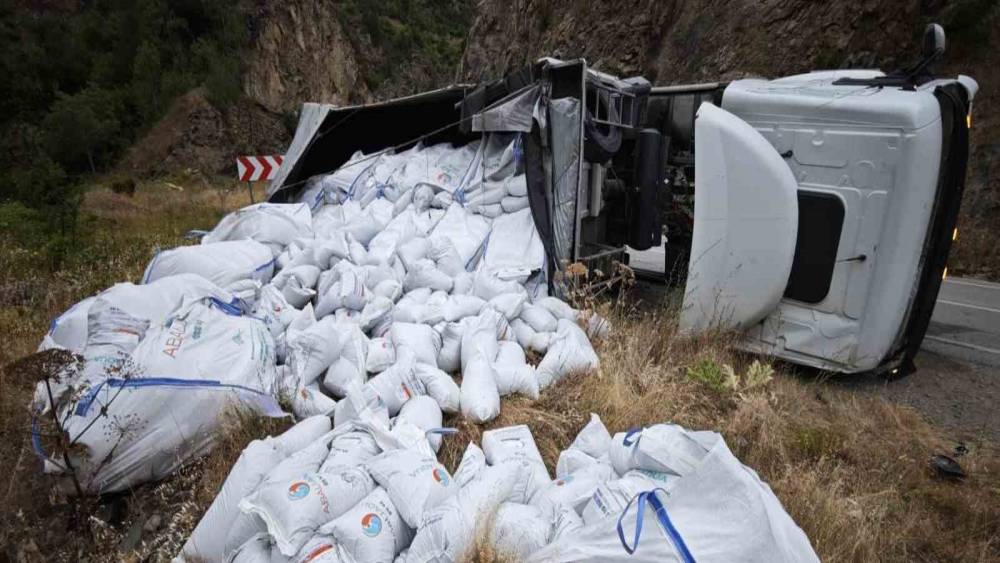 G&uuml;m&uuml;şhane&rsquo;de balık yemi y&uuml;kl&uuml; tır devrildi: S&uuml;r&uuml;c&uuml; yaralandı
