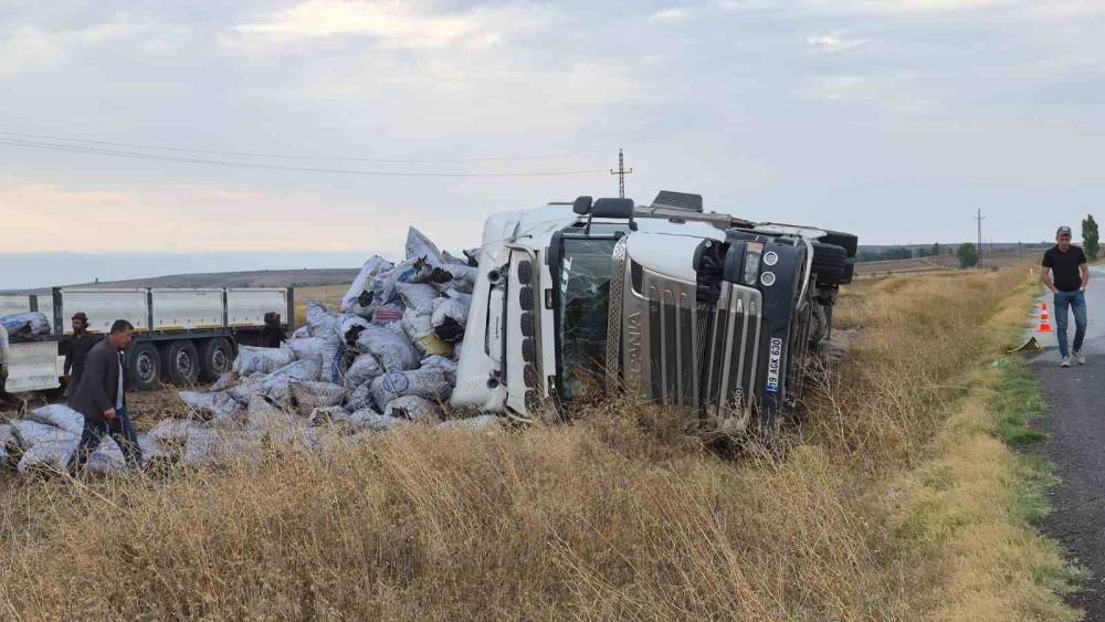 Meşe k&ouml;m&uuml;r&uuml; y&uuml;kl&uuml; tır devrildi, s&uuml;r&uuml;c&uuml;s&uuml; yaralandı
