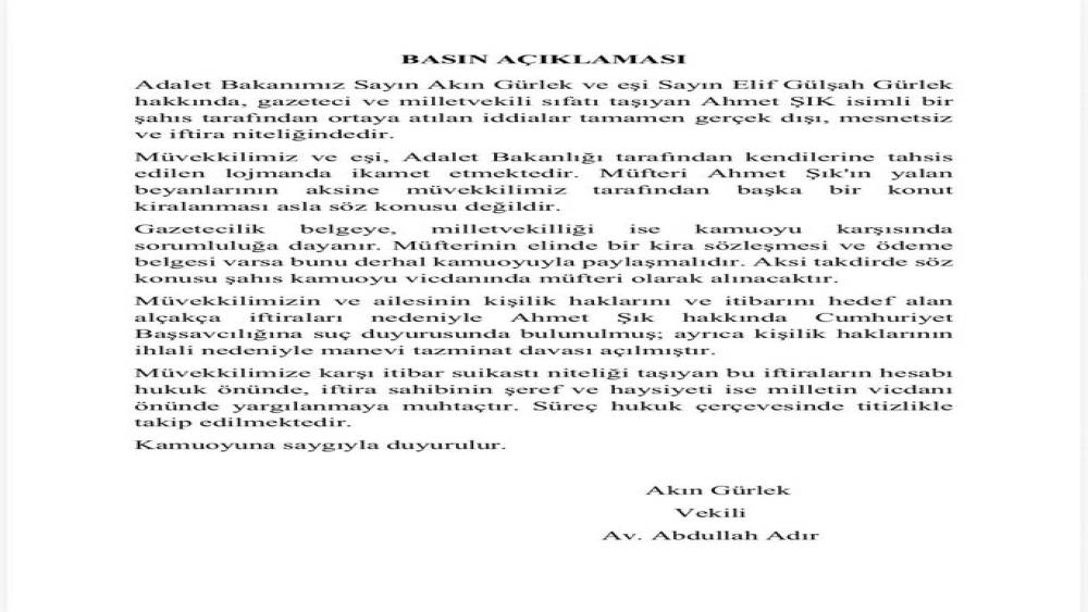 Adalet Bakanı G&uuml;rlek&rsquo;in avukatından Şık&rsquo;a su&ccedil; duyurusu

