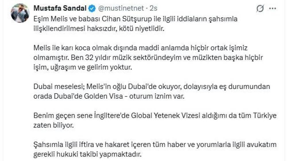 Mustafa Sandal: "Melis ile karı koca olmak dışında maddi anlamda hi&ccedil;bir ortak işimiz olmamıştır"
